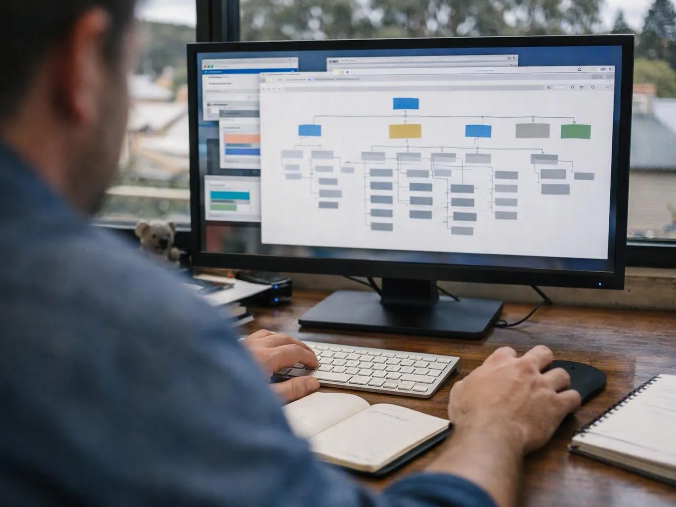Hands updating a website page on a desktop screen